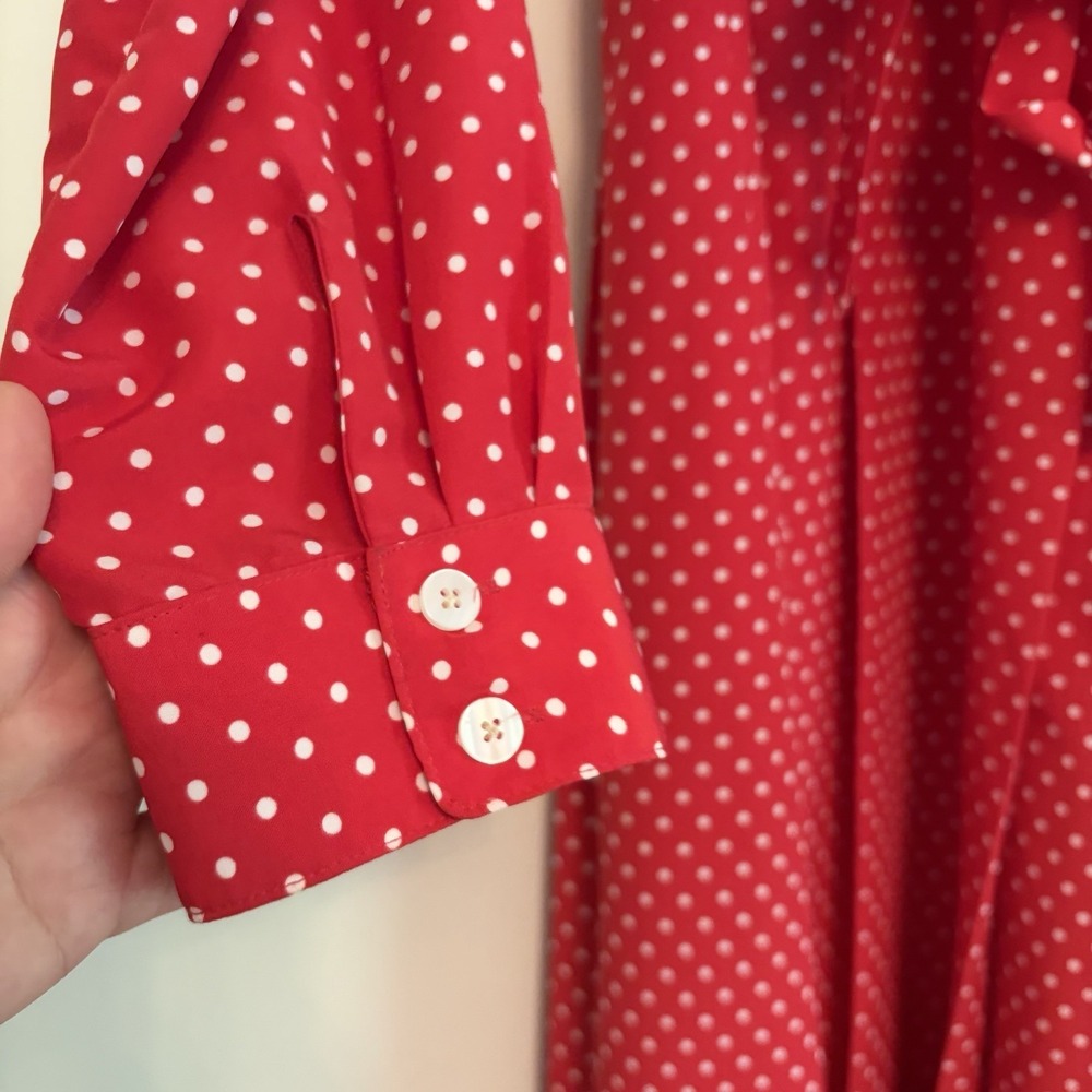 Draper James Midi Dress Sz 8 Red Polka Dot Longsleeve Pleats Retro Vintage Vibe - Picture 7 of 9